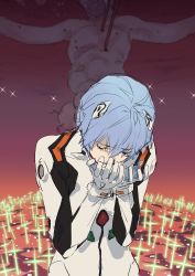 Rule 34 | 1girl, absurdres, ayanami rei, bident, blue hair, bodysuit, closed eyes, cross, crucifixion, hair between eyes, hands up, head tilt, highres, impaled, interface headset, lance, lance of longinus (evangelion), lilith (evangelion), neon genesis evangelion, plugsuit, polearm, red background, sankomichi, short hair, solo, spoilers, weapon, white bodysuit