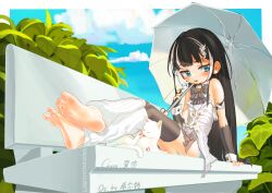 Rule 34 | 1girl, absurdres, barefoot, bench, black hair, blue eyes, blue sky, blush, cat, feet, flat chest, hair ornament, hairpin, highres, long hair, multicolored hair, on bench, original, signature, sky, soles, toes, two-tone hair, umbrella, usamimisaiko, white cat