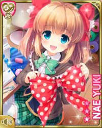 Rule 34 | 1girl, :d, argyle, argyle clothes, argyle legwear, blue eyes, bow, bowtie, brown coat, brown hair, card (medium), coat, day, fabric, girlfriend (kari), hair bow, indoors, looking at viewer, mary janes, official art, one eye closed, open mouth, plaid, plaid skirt, polka dot, polka dot bow, qp:flapper, ribbon, school uniform, shoes, sitting, skirt, smile, solo, stuffed animal, stuffed rabbit, stuffed toy, tagme, teddy bear, thighhighs, two side up, white thighhighs, wink, yuuki nae