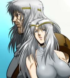 Rule 34 | 1boy, 1girl, akimaru, breasts, circlet, dual persona, foreshortening, gender request, genderswap, grey eyes, hokuto no ken, impossible clothes, impossible shirt, long hair, m.u.g.e.n, md5 mismatch, midnight bliss, shirt, shoulder pads, silver hair, simple background, toki (hokuto no ken)