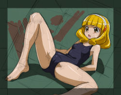 Rule 34 | 10s, 1girl, blonde hair, blush, cameltoe, hairband, kise yayoi, one-piece swimsuit, precure, rohitsuka, short hair, sketch, smile precure!, solo, spread legs, swimsuit, white hairband, yellow eyes