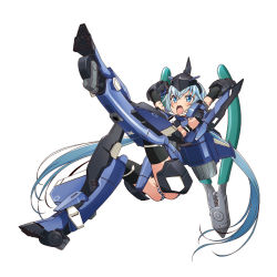 Rule 34 | 1girl, black gloves, black thighhighs, blue eyes, blue hair, elbow gloves, frame arms girl, gloves, headgear, highres, long hair, mecha musume, non-web source, official art, open mouth, panties, solo, striped clothes, striped panties, stylet, thighhighs, underwear, very long hair, white background, wire cutters