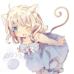 Rule 34 | 1girl, andras, animal ears, bad id, bad pixiv id, bare arms, blonde hair, bloomers, blue eyes, blush, bow, cat ears, cat tail, dress, elf, extra ears, fangs, mabinogi, masirosu, nightgown, open mouth, paw print, pointy ears, solo, tail, underwear, wink