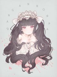 Rule 34 | 10s, 1girl, bad id, bad pixiv id, bare shoulders, black hair, blood, bonnet, breasts, celestia ludenberg, claw ring, cleavage, copyright name, danganronpa: trigger happy havoc, danganronpa (series), gothic lolita, ibashi roni, lolita fashion, long hair, md5 mismatch, pink blood, red eyes, roni ibashi, simple background, smile, solo, target, twintails