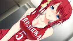Rule 34 | 1girl, akino subaru, ball, basketball, basketball (object), basketball uniform, blue eyes, blush, breasts, breasts squeezed together, cleavage, clothes writing, collarbone, covered erect nipples, dutch angle, game cg, hair ribbon, hatsukoi 1/1, jersey, large breasts, looking at viewer, nose blush, red hair, ribbon, side ponytail, solo, sportswear, tsukishima kyou, tsurime