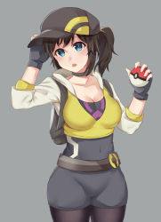 Rule 34 | 1girl, bad id, bad pixiv id, black gloves, black hair, blue eyes, breasts, choker, cleavage, covered navel, cowboy shot, creatures (company), female protagonist (pokemon go), fingerless gloves, game freak, gloves, hat, highres, hip focus, holding, large breasts, leggings, nintendo, open mouth, pantyhose, poke ball, poke ball (basic), pokemon, pokemon go, ponytail, solo, tian zhao tian dou
