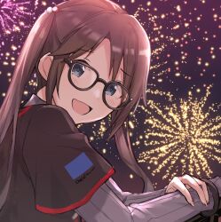 Rule 34 | 1girl, aerial fireworks, black-framed eyewear, black hair, black shirt, blue eyes, blush, breasts, dot nose, fireworks, from side, glasses, grey sleeves, hair bobbles, hair ornament, hands up, hanetsuka, highres, holding own arm, idolmaster, idolmaster shiny colors, long hair, long sleeves, looking at viewer, mitsumine yuika, night, night sky, open mouth, outdoors, shirt, sky, small breasts, smile, solo, twintails, upper body