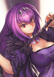 Rule 34 | 1girl, absurdres, bad id, bad pixiv id, breasts, caster (lostbelt), cleavage, commentary request, dress, fate/grand order, fate (series), hair between eyes, headpiece, highres, jewelry, large breasts, long hair, looking at viewer, purple dress, purple hair, red eyes, scathach (fate), scathach skadi (fate), solo, srsojiro, tiara, upper body