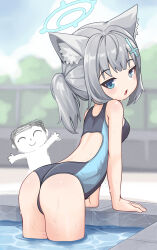 Rule 34 | 1boy, 1girl, absurdres, animal ear fluff, animal ears, arm support, doodle sensei (blue archive), ass, backless swimsuit, batazungharn, blue archive, blue eyes, blue halo, blue one-piece swimsuit, blush, breasts, bright pupils, commentary, cowboy shot, cross hair ornament, from behind, grey hair, hair ornament, halo, highres, leaning forward, looking at viewer, looking back, medium hair, mismatched pupils, official alternate costume, one-piece swimsuit, parted lips, petite, sensei (blue archive), shiroko (blue archive), shiroko (swimsuit) (blue archive), side ponytail, small breasts, solo focus, swimsuit, wading, wedgie, white pupils, wolf ears, wolf girl