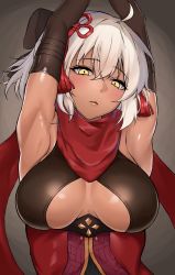 Rule 34 | 1girl, absurdres, ahoge, armpits, arms up, black bow, bow, breasts, dark-skinned female, dark skin, fate/grand order, fate (series), hair bow, hair ornament, highres, large breasts, looking at viewer, okita souji (fate), okita souji alter (fate), okita souji alter (first ascension) (fate), red scarf, scarf, short hair, skysign ft, solo, upper body, white hair, yellow eyes