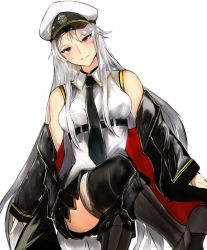 Rule 34 | 1girl, azur lane, bare shoulders, black coat, black necktie, blush, boots, closed mouth, coat, collared shirt, commentary request, crossed legs, enterprise (azur lane), hat, highres, indoors, looking at viewer, military, military hat, miniskirt, necktie, off shoulder, open clothes, open coat, otsunabe (naabe delta), peaked cap, shirt, silver hair, sitting, skirt, sleeveless, sleeveless shirt, smile, solo, thighhighs, thighs, underbust, white background, white hat