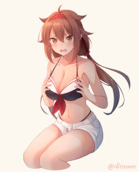 Rule 34 | 1girl, absurdres, adapted costume, ahoge, aticsanir, bikini, black bikini, breasts, brown eyes, brown hair, cleavage, collarbone, company connection, cowboy shot, embarrassed, hair between eyes, hair flaps, hairband, highleg, highleg bikini, highleg swimsuit, highres, invisible chair, kantai collection, large breasts, long hair, looking at viewer, low twintails, red hairband, school uniform, serafuku, shiratsuyu (kancolle), shiratsuyu kai ni (kancolle), short shorts, shorts, simple background, sitting, solo, swimsuit, twintails, very long hair, white background, white shorts