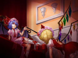 Rule 34 | 2girls, all fours, artist request, backless outfit, bad id, bad pixiv id, bat wings, blonde hair, child, couch, crystal, dress, femdom, flandre scarlet, foot worship, frilled shirt, frilled shirt collar, frilled sleeves, frills, from below, grin, hat, hat ribbon, incest, indoors, licking, licking foot, light purple hair, looking at another, mob cap, multiple girls, pink dress, puffy short sleeves, puffy sleeves, red dress, red eyes, remilia scarlet, ribbon, shirt, short hair, short sleeves, siblings, side ponytail, sisters, sitting, smile, tongue, tongue out, touhou, wavy hair, wilnus, wings