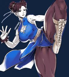 Rule 34 | 1girl, artist name, boots, bracelet, breasts, brown hair, capcom, china dress, chinese clothes, chun-li, cleavage, commentary, cross-laced footwear, double bun, dress, earrings, eyelashes, fighting stance, hair bun, highres, jewelry, large breasts, legs, miss faves, panties, pantyhose, parted lips, pelvic curtain, short hair, solo, spiked bracelet, spikes, standing, standing on one leg, street fighter, teeth, thighs, twitter username, underwear, white footwear