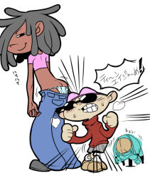Rule 34 | 1girl, 2boys, ass, blush, butt crack, cartoon network, codename: kids next door, cree lincoln, dark skin, dreadlocks, hair over one eye, mooning, multiple boys, numbuh 1, panties, pantyshot, revealing clothes, simple background, size difference, smile, sunglasses, translated, underwear, white background