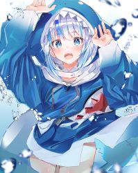 Rule 34 | 1girl, animal hood, blue eyes, blue hair, blue hoodie, blush, commentary request, cute mdr, fins, fish tail, gawr gura, gawr gura (1st costume), gradient background, highres, hololive, hololive english, hood, hoodie, long sleeves, looking at viewer, multicolored hair, open mouth, shark girl, shark hood, shark tail, sharp teeth, sharp teeth, solo, streaked hair, tail, teeth, virtual youtuber, water, water drop, white hair