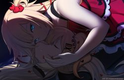 Rule 34 | 1girl, akai haato, akai haato (gothic lolita), artist name, blonde hair, blue eyes, choker, closed eyes, commentary, disembodied head, dress, dual persona, english commentary, hair ornament, hairpin, heart, heart hair ornament, holding head, hololive, nail polish, pokey, red dress, red nails, smile, virtual youtuber