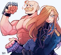 Rule 34 | 1boy, 1girl, ahoge, alex louis armstrong, bald, blonde hair, blue coat, blue eyes, blush, brother and sister, closed mouth, coat, facial hair, fullmetal alchemist, gloves, hair over one eye, handlebar mustache, highres, holding, long hair, long sleeves, looking at viewer, muscular, muscular male, mustache, olivier mira armstrong, one eye covered, siblings, signature, simple background, smile, sui (suizilla), topless male, uniform, white background, white gloves