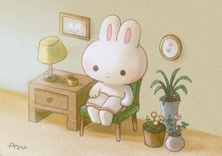 Rule 34 | ayu (mog), blush, book, rabbit, chair, closed mouth, cup, flower, lamp, mug, no humans, open book, original, painting (object), pink flower, plant, potted plant, reading, signature, sitting, smile, solo, yellow flower