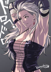 Rule 34 | 1girl, armlet, armpits, arms up, artist name, bandages, breasts, cleavage, collarbone, cross, dorohedoro, earrings, elbow gloves, elbow pads, gloves, grey background, highres, jewelry, kuroobiayu, lace-up top, large breasts, leather, long hair, looking to the side, multiple earrings, multiple piercings, navel, noi (dorohedoro), red eyes, smile, solo, spaghetti strap, toned, upper body, wavy hair, white hair