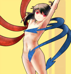 Rule 34 | 1girl, armpits, arms up, bad id, bad pixiv id, black hair, censored, convenient censoring, female focus, flat chest, houjuu nue, nude, red eyes, short hair, smile, solo, tail censor, tottema, touhou, wings