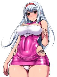 Rule 34 | 10s, 1girl, bare shoulders, blush, bodycon, breasts, brown eyes, cleavage, covered navel, curvy, dress, framed breasts, hairband, headband, hip vent, ishimiso (ishimura), kantai collection, large breasts, long hair, looking at viewer, microdress, panties, pantyshot, pink panties, shiny clothes, short dress, shoukaku (kancolle), skin tight, sleeveless, sleeveless dress, solo, standing, underwear, white hair, white panties, wide hips