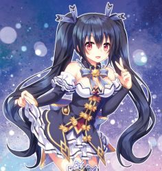 Rule 34 | 1girl, :d, bad id, bad pixiv id, bare shoulders, black hair, breasts, choker, cleavage, detached collar, detached sleeves, frilled skirt, frills, garter straps, hair between eyes, hair ribbon, leaning forward, long hair, looking at viewer, medium breasts, narinn, neptune (series), noire (neptunia), open mouth, red eyes, ribbon, ribbon-trimmed skirt, ribbon choker, ribbon trim, skirt, skirt hold, smile, solo, thighhighs, twintails, very long hair, white skirt