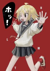Rule 34 | 1girl, acronym, ahoge, black eyes, black sailor collar, black skirt, blonde hair, collarbone, commentary, copyright name, foot out of frame, highres, light blush, long sleeves, looking ahead, miniskirt, null-meta, o-three, outstretched arms, pleated skirt, red background, red ribbon, red socks, ribbon, running, sailor collar, school uniform, serafuku, shoes, short hair, simple background, skirt, socks, solo, speech bubble, spread arms, translation request, uozumi kurumi, uwabaki, v-shaped eyebrows