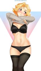 Rule 34 | 1girl, black bra, black panties, black thighhighs, blonde hair, blush, bra, breasts, brown eyes, clothes lift, commentary, english commentary, grey shirt, highres, lifted by self, long sleeves, medium breasts, mleth, navel, no pants, original, panties, shirt, shirt lift, simple background, solo, stina (mleth), stomach, thighhighs, underwear, white background
