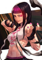 Rule 34 | 1girl, abs, black hair, blunt bangs, breasts, capcom, fingernails, gloves, glowing, glowing eye, han juri, hungry clicker, lips, long hair, looking at viewer, multicolored hair, muscular, muscular female, nail polish, official alternate costume, outside border, purple eyes, purple hair, purple nails, sleeveless, smirk, solo, street fighter, street fighter v, toned