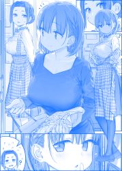 Rule 34 | 2girls, ?, ai-chan (tawawa), apron, bag, blue theme, blush, bow, bowtie, braid, breasts, collarbone, comic, commentary, commentary request, flying sweatdrops, forehead, getsuyoubi no tawawa, heart, himura kiseki, large breasts, monochrome, multiple girls, musical note, pantyhose, parted lips, plaid, plaid apron, short hair, silent comic, smile, sweatdrop, translation request, uniform, waitress