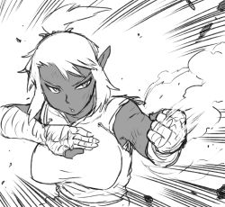 Rule 34 | 1girl, bandages, breasts, bruise, chinese clothes, copyright request, dark elf, dark skin, dark-skinned female, elf, fighting stance, greyscale, hand wraps, injury, monochrome, motion lines, pointy ears, short ponytail, sleeveless, solo, tangzhuang, tsukudani (coke-buta), wrist wrap