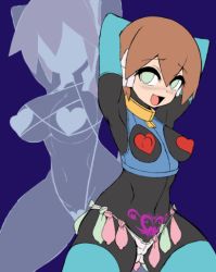 Rule 34 | 1girl, age difference, aile (mega man zx), arms behind back, arms up, black bodysuit, blue background, blue gloves, blue legwear, blush, bodysuit, brown hair, condom, condom belt, condom in clothes, condom packet strip, condom wrapper, elbow gloves, gloves, green eyes, heart, heart nipples, heart tattoo, jewelry, latex, latex gloves, latex legwear, looking at viewer, lowres, mega man (series), mega man zx, mega man zx advent, panties, robot ears, semikichi, sillouette, tattoo, underwear, unfinished
