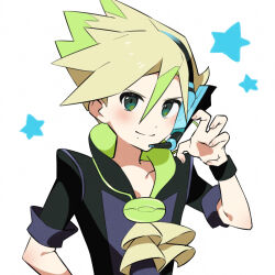 Rule 34 | 1boy, ascot, black shirt, black wristband, blonde hair, blush, claw pose, closed mouth, collarbone, commentary request, creatures (company), curtis (pokemon), game freak, green eyes, green hair, hair between eyes, hand up, headset, highres, looking at viewer, male focus, microphone, mole, mole under mouth, multicolored hair, nintendo, poke ball print, pokemon, pokemon bw2, shibori (shibootachi), shirt, short sleeves, smile, solo, spiked hair, star (symbol), two-tone hair, upper body, white background, yellow ascot