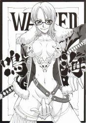 Rule 34 | 1girl, arm behind back, belt, bottomless, breasts, cleavage, collarbone, covering crotch, covering privates, female focus, fur collar, fur trim, gem, glasses, gloves, greyscale, jacket, jewelry, large breasts, looking at viewer, matou, middle finger, monochrome, nami (one piece), narrow waist, navel, necklace, no panties, no pants, one piece, open clothes, open jacket, pendant, poster, poster (medium), revealing clothes, short hair, skull, solo, standing, stomach, sword, text focus, thighhighs, topless, wanted, weapon