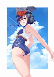 Rule 34 | 001machi, 1girl, ass, asymmetrical hair, bad id, bad pixiv id, black hair, black one-piece swimsuit, blue background, blue sky, brown eyes, cloud, cowboy shot, crop top, day, framed breasts, from behind, hair between eyes, headphones, highres, i-14 (kancolle), kantai collection, looking at viewer, looking back, neckerchief, one-piece swimsuit, sailor collar, school swimsuit, short hair, sky, solo, standing, swimsuit, twitter username, two-tone background, white background