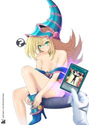 Rule 34 | 2girls, absurdres, blonde hair, boots, breasts, card, choker, dark magician girl, duel monster, green eyes, highres, large breasts, multiple girls, undressing, unworn boots, yu-gi-oh!, yu-gi-oh! duel monsters