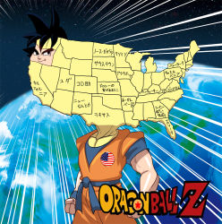 Rule 34 | 1boy, bad id, bad pixiv id, black hair, copyright name, cowboy shot, dragon ball, dragonball z, earth (planet), emphasis lines, english text, engrish text, kouno (masao), looking at viewer, male focus, map, planet, pun, ranguage, short hair, solo, son goku, speed lines, standing, translated, united states, what