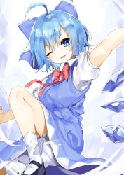 Rule 34 | 1girl, absurdres, ahoge, black footwear, bloomers, blue bow, blue dress, blue eyes, blue hair, blush, bow, bowtie, cirno, collared shirt, commentary request, dress, foot out of frame, hair between eyes, hair bow, highres, ice, ice wings, knee up, looking at viewer, mary janes, one eye closed, open mouth, outstretched arms, pocche-ex, red bow, shirt, shoes, short hair, short sleeves, socks, solo, touhou, underwear, white shirt, white socks, wings