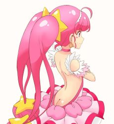 Rule 34 | 1girl, ahoge, ass, backless dress, backless outfit, butt crack, choker, crossed arms, cure star, dress, earrings, from behind, hair ornament, hoshina hikaru, jewelry, long hair, magical girl, pink dress, pink eyes, pink hair, precure, smile, star (symbol), star hair ornament, star twinkle precure, tof, twintails