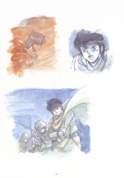 Rule 34 | 3boys, absurdres, artbook, cape, cecil, highres, male focus, multiple boys, orson, parn (lodoss), record of lodoss war, scan, shiris (lodoss), short hair, staff, sword, traditional media, weapon, wizard