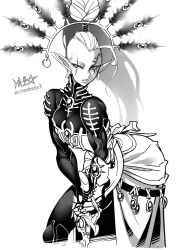 1girl asymmetrical_hair bodysuit breasts commentary earrings eldar elf english_commentary facial_tattoo front_slit gauntlets greyscale headdress high_ponytail highres hoop_earrings jewelry long_hair long_pointy_ears long_skirt monochrome muscular muscular_female planted planted_sword planted_weapon pointy_ears ponytail ryuusei_(mark_ii) scar scar_across_eye sidecut single_gauntlet skin_tight skirt small_breasts solo sword tattoo undercut v_arms warhammer_40k weapon yvraine