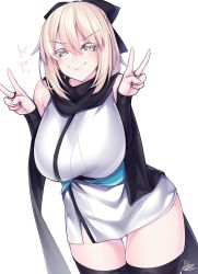 Rule 34 | 1girl, alternate breast size, arm guards, bare shoulders, black bow, black scarf, black thighhighs, blonde hair, blush, bow, breasts, closed mouth, commentary request, double v, eyelashes, fate/grand order, fate (series), grey eyes, hair between eyes, highres, japanese clothes, kimono, koha-ace, large breasts, looking at viewer, okita souji (fate), okita souji (koha-ace), sash, scarf, short hair, short kimono, signature, simple background, sleeveless, sleeveless kimono, smile, solo, thighhighs, thighs, v, watosu, white background, white kimono