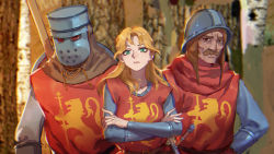 Rule 34 | 1girl, 2boys, armor, blonde hair, brown eyes, brown hair, closed mouth, crossed arms, facial hair, gongxiao zao, green eyes, helmet, highres, knight, long hair, long sleeves, looking at viewer, multiple boys, mustache, original, outdoors, polearm, shield, spear, tree, warrior, weapon