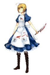 Rule 34 | 1girl, ahoge, alice: madness returns, alice (alice in wonderland), alice in wonderland, alice liddell (american mcgee&#039;s alice), american mcgee&#039;s alice, american mcgee's alice, apron, artoria pendragon (all), artoria pendragon (fate), bad id, bad pixiv id, blonde hair, blood, boots, cosplay, crossover, dress, fate/stay night, fate (series), full body, green eyes, highres, knife, saber (fate), simple background, solo, white background, xiogun