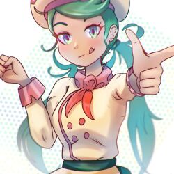 Rule 34 | 1girl, :q, breasts, creatures (company), game freak, green eyes, green hair, hat, long hair, long sleeves, mallow (palentine&#039;s 2023) (pokemon), mallow (pokemon), medium breasts, neaghelly stn, nintendo, pokemon, pokemon masters ex, pokemon sm, tongue, tongue out, twintails