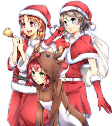 Rule 34 | 3girls, :d, animal costume, animal ears, antlers, bag, bell, blue eyes, bow, brown hair, brown hoodie, capelet, cyaron (love live!), deer ears, fake animal ears, fake horns, fur-trimmed capelet, fur-trimmed gloves, fur-trimmed headwear, fur-trimmed sweater, fur trim, gloves, green eyes, hair bow, hat, highres, holding, holding bag, holding bell, hood, hood up, hoodie, horns, kurosawa ruby, long sleeves, love live!, love live! sunshine!!, miniskirt, multiple girls, nakano maru, open mouth, pants, parted lips, pleated skirt, red capelet, red gloves, red hair, red headwear, red pants, red shorts, red skirt, red sweater, reindeer antlers, reindeer costume, santa costume, santa gloves, santa hat, short hair, shorts, skirt, smile, standing, sweater, takami chika, watanabe you, yellow bow
