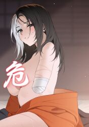 Rule 34 | 1girl, amputee, bechu, black eyes, black hair, blurry, blurry background, censored, commentary, genderswap, genderswap (mtf), highres, indoors, light particles, long hair, looking at viewer, open mouth, scar, sekiro, sekiro: shadows die twice, solo, symbol-only commentary, white hair