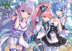Rule 34 | #compass, 3girls, absurdres, alternate costume, apron, bare shoulders, black dress, black legwear, blue eyes, blush, bow, braid, breasts, building, cleavage, detached collar, detached sleeves, dress, emilia (re:zero), enmaided, flower, french braid, frilled dress, frills, gloves, hair between eyes, hair flower, hair ornament, hair over one eye, hair ribbon, hand on own chest, highres, jacket, large breasts, long hair, long sleeves, looking at viewer, maid, maid headdress, multiple girls, open mouth, outdoors, pantyhose, pink hair, pointy ears, ponytail, purple eyes, purple hair, re:zero kara hajimeru isekai seikatsu, rem (re:zero), ribbon, ririka (#compass), shanguier, smile, standing, standing on one leg, teeth, thighhighs, upper teeth only, white apron, white dress, white gloves, white legwear, wide sleeves, x hair ornament, yellow eyes