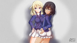Rule 34 | 2girls, andou (girls und panzer), ass, bc freedom military uniform, black hair, blonde hair, blue eyes, blush, breasts, brown eyes, closed mouth, girls und panzer, highres, large breasts, looking at viewer, megadeko, military, military uniform, miniskirt, multiple girls, oshida (girls und panzer), short hair, skirt, smile, uniform, white skirt, yuri